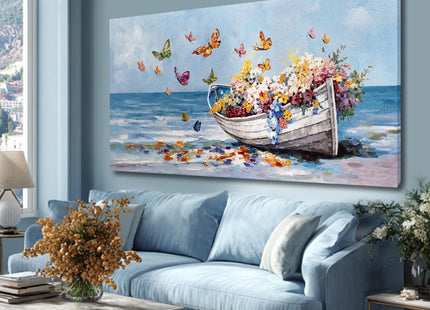 GAIDUOMAI Coastal Wall Art Butterfly and Flowers Pictures Wall Decor Wooden Boat Beach Wall Painting for Office Landscape Art for Dining Room Bedroom 24x48 Inch