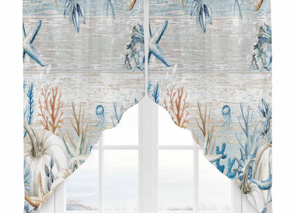 Fall Coastal Swag Valances Kitchen Curtains 36 Inches Length,Thanksgiving White Pumpkin Tier Drapes Swag Topper,Blue Ocean Starfish Coral Short Window Treatments for Small Window Cafe 2 Panels 28"x36"