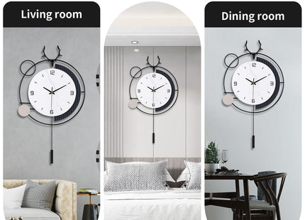 Large Wall Clocks for Living Room Decor, Modern Pendulum Wall Clock Silent Quartz Battery Operated Non-Ticking, Black Metal Deer Clock for Living Room Kitchen Bedroom Home Wall Decor,13x25inch
