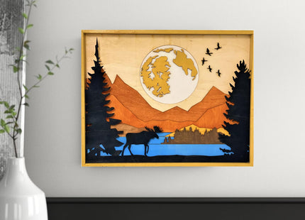 ImprovingLife Wall Art Décor Moose in the Forest Ladscape Wood Sculpture 3D effect