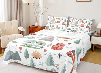 Kids Camper Car Bed Sheets Set King 4Pcs, Happy Camping Sheet Set, Travel Car Rv Accessories Sheets, Woodland Flowers Blossom Mountain Adventure Bed Set, Cute Camper Flat Fitted Sheet Bedroom Decor