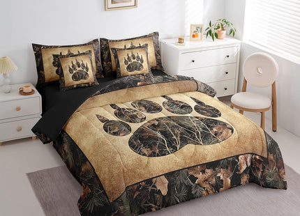 Erosebridal Rustic Farmhouse Bedding Sets Twin 7 Piece Camo Bear Paw Comforter Set Woodland Hunting Camouflage Animal Bed in A Bag for Kids Boys Men,Retro Cabin Wildlife Sheet Set with Comforter
