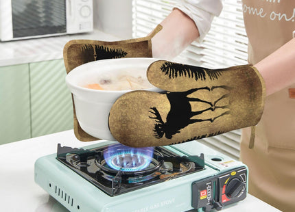 MIFSOIAVV Rustic Elk Moose Deer Forest Pine Tree Moon Design Oven Mitts and Pot Holders Sets Silicone Moose Kitchen Mitts Potholders Heat Resistant 4Pcs Moose Oven Gloves Hot Pads for Kitchen