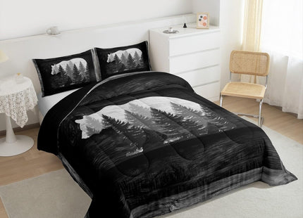 Castle Fairy Lodge Cabin Comforter Set Gray Bear Pine Tree Silhouette Pattern Quilted Duvet with 2 Pillowcases+1 Wild Animal Western Jungle Style Bedding for Teens Adults Full Size 3 Pcs