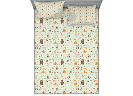 Ambesonne Animal Fitted Sheet & Pillow Sham Set, Woodland Concept Pattern with Forest Animals Deer Fox Bear Rabbit and Owl, Decorative Printed 6 Piece Bedding Decor, Calking, Teal Brown