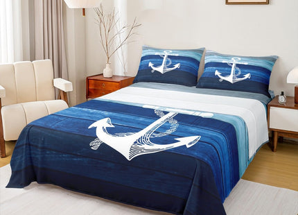 Castle Fairy White Anchor Sheets Set King,Nautical Style Ocean Adventure Decor Bedding Set for Youth Women Bedroom,Ombre Blue Wooden Stripes Bed Set with Deep Pocket Fitted Sheet with 2 Pillow Case