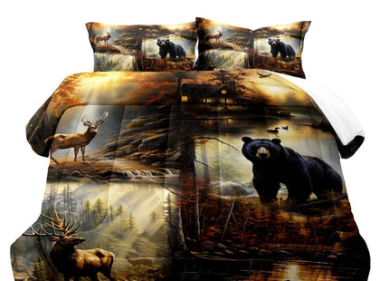 LUVIVIHOME 3PCS Black Bear Deer Comforter Set Queen Size, Elk Moose Mallard Duck Woodland Forest Animal Wildlife Hunting Camo Hunter Country Lodge Rustic Farmhouse Cabin Bedding Sets, 2 Pillow Shams