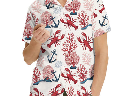 Tropical Lobster Hawaiian Shirt for Men, Anchor & Coral Shirt Summer Lobster Crawfish Short Sleeve Button Down Shirt