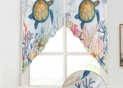 Lsrtoss Sea Turtle Swag Valances for Windows 2 Pack, Kitchen Window Curtains 36 Inch Length, Summer Beach Coastal Nautical Ocean Coral Swag Curtains for Living Room/Bathroom with Rod Pocket 36"x36"