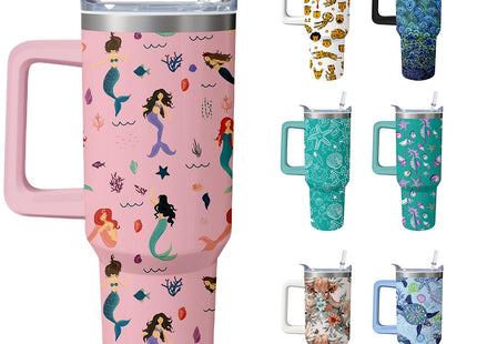 40oz Mermaid Tumbler with Handle and Straw, Animal Lovers Gifts for Women, Stainless Steel Travel Mug Water Bottle, Vacuum Insulated Cup with Lid