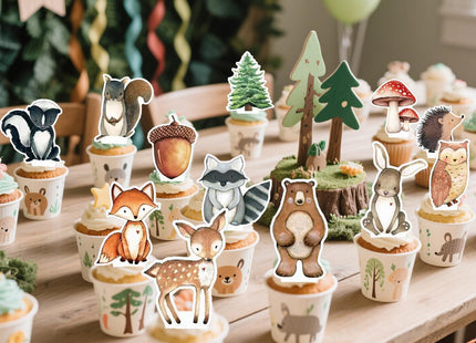 48 Woodland Cupcake Topper, Forest Animal Cupcake Toppers for Woodland Baby Shower Decorations, Neutral Forest Animals Gender Reveal Party Supplies