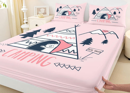 Manfei Happy Camping Campers Fitted Sheet Twin, Tent Pines Bear Sketch Bedding Set, Happy Outdoors Natural Bed Cover 2Pcs for Kids Teens Adults Room Decor,Rustic Pink Bed Sheet Set with 1 Pillowcase