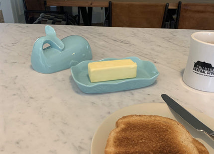 Fox Run Ceramic Whale Butter Dish with Lid, 7", Aqua Blue Cute Butter Dish