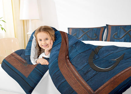 Anchor Nautical Kids Comforter Set Twin Size,Fish Hook Lake House Fishing Theme Bedding Set,Girls Boys Adults Room Decor,Wooden Plank Camper Down Comforter,Blue Rustic Duvet Insert,1 Pillowcase