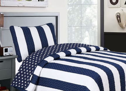 Cozy Line Home Fashions Sailor Popeye 's Bedding Quilt Set, Nautical Navy Blue White Star Striped 100% Cotton Reversible Coverlet Bedspread for Kids Boy (Sailor Star, Twin - 2 piece)