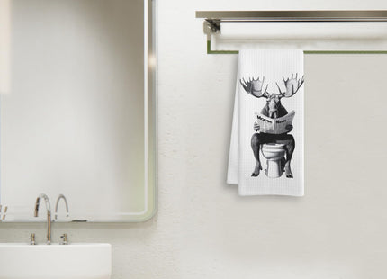 WOTYPU Moose Gifts Hand Towels for Bathroom, Moose Lover Gifts, Funny Farm Animal On Toilet Decorative Hand Towels for Kids Guest Bathroom Washroom Power Room Vanity Half Bath, 16X24 Inch