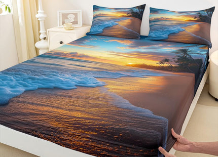 Ocean Bed Sheet Set Twin Waves Bedding Set Hawaiian Tripocal Sea Beach Fitted Sheet Soft Microfiber with 1 Pillow Sham,Sunset Ocean Beach Theme Digital Print 2 Pcs Kids Boys Girls Decor Bed Cover