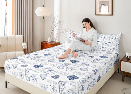 Coastal Fitted Sheet Twin Size,Seashell Conch Seahorse Starfish Coral Bedding Set 2Pcs,Ocean Beach Nautical Bed Sheet for Kids Teens Adult Room Decor,Navy White Deep Pocket Sheet,1 Pillowcase