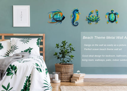 Meduofon Set of 4 Metal Outdoor Wall Art Decor, Blue Turtle Fish Crab and Seahorse Suitable for Beach Ocean Pool Decor, Metal Yard Fence Garden Children Room Bathroom Livingroom Wall Decoration