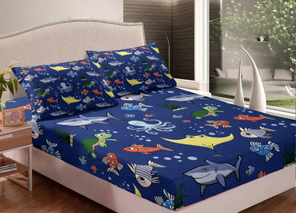 Erosebridal Tortoise Bed Sheets Set for Kida Boys Room, Sea Turtle Shark Flat Fitted Sheet Twin Size, Underwater World Bedding Set, Octopus Sea Animal Bed Set, Soft Microfiber Decor, Dark Blue