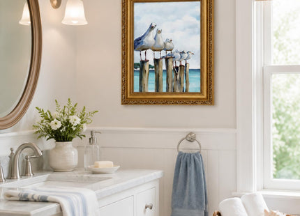 Gold Framed Seagull Canvas Wall Art Coastal Sea Birds Paintings Pictures Wall Decor Teal Ocean Beach posters prints Artwork for Living Room Bedroom Bathroom Home Decoration 9x11in