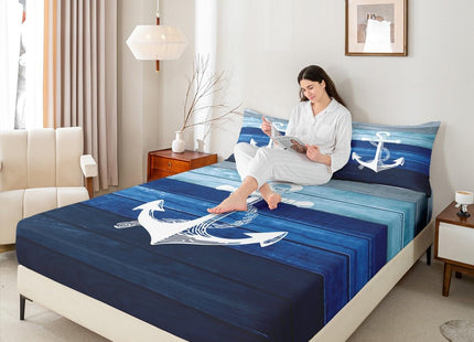 Castle Fairy White Anchor Sheets Set King,Nautical Style Ocean Adventure Decor Bedding Set for Youth Women Bedroom,Ombre Blue Wooden Stripes Bed Set with Deep Pocket Fitted Sheet with 2 Pillow Case