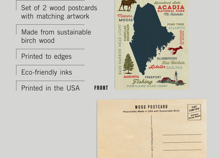 Maine, Typography and Icons (4x6 Birch Wood Postcards, 2-Pack Stationary, Rustic Home Wall Decor)