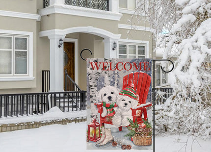 Covido Home Decorative Welcome Winter Bichon Frise Dogs Red Chair Garden Flag, Puppy Pinecone House Yard Ice Skates White Birch Trees Outside Decoration, Christmas Lantern Outdoor Small Decor 12 x 18