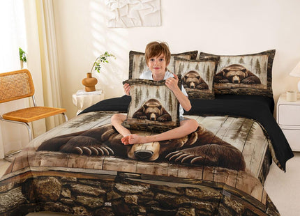 Feelyou Bear Comforter Set with Sheets 7 Piece Twin Size Wild Animal Hunting Bed in a Bag Kids Boys Girls Western Cabin Bedding Set Rustic Country Farmhouse Bedroom Decor Retro Breathable
