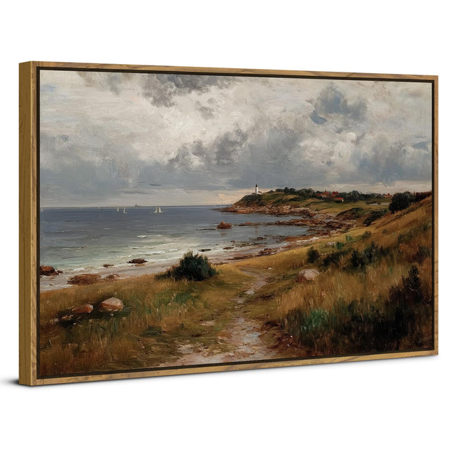 Retro Beach Canvas Wall Art Framed Vintage Coastal Scenery Picture for Bedroom Seaside Lighthouse Wall Decor Bathroom Living Room Rustic Nature Seascape Prints Painting Artwork Home Decoration 12x16