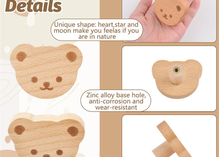 MOROBOR 6PCS Bear Shaped Wooden Knobs Single Hole Beech Wood Handles Polished Wood Cupboard Cabinet Handles Knobs for Chest of Drawers with Screws& Expansion Tube