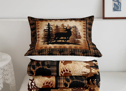 Castle Fairy Deer Bear Plaid Comforter Set Twin Size,Animal Hunting Bear Print Bedding Set for Kids Boys Men,Pine Trees Rustic Retro Grid Quilted Duvet Set with 1 Pillowcase