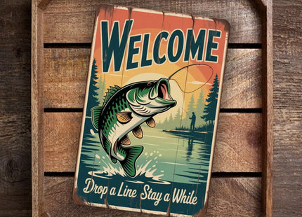 Welcome Fishing Sign – Largemouth Bass Lake Cabin Metal Wall Art