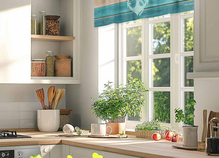 Teal Brown Kitchen Valance Curtain,Rustic Wood Board Window Curtain Topper,Retro Nautical Anchor Rod Pocket Curtain Valances for Bedroom,Short Curtains Window Treatment for Living Room 42x12in