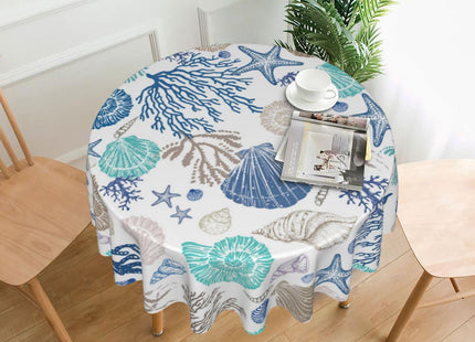 BYONEESS Summer Nautical Coastal Tablecloth Round 60 Inch Beach Starfish Seashell Print Polyester Table Cloth Sea Coral Circular Table Cover for Party Kitchen Dining Picnic Holiday Outdoor Decor