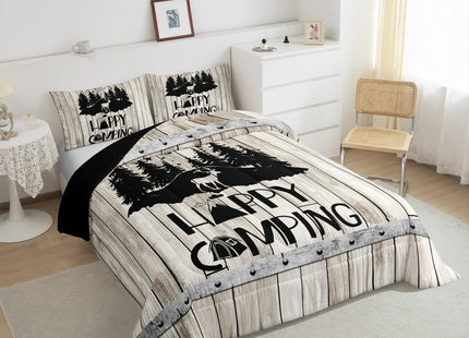 Rustic Farmhouse Quilt Set Twin Woodland Travel Camper Theme Bedding Set For Rv Bunks,Happy Camping Comforter Set For Kids Adults Wild Animal Deer Pine Tree Decor Duvet Insert 1 Pillow Case