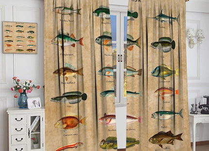Kurtect Farmhouse Fish Curtain,Vintage Cabin Rustic River Fishing Window Treatment Curtains Cloth Farbic for Bedroom Living Room Office Cafe Kitchen Dining Room Drapes, 42x45 in