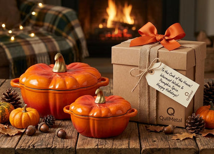 QuliMetal Pumpkin Dutch Oven Set of 2, 4QT and 2QT Pumpkin Pots for Cooking
