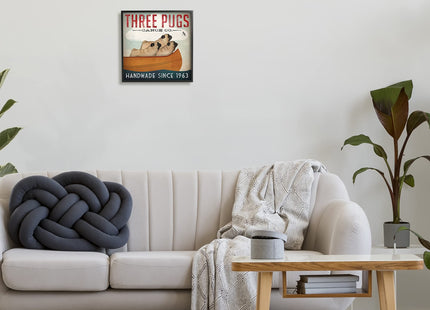 Vintage Three Pugs in Canoe, 12 x 12 Inch Framed Giclée Print
