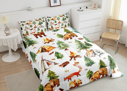 Erosebridal Kids RV Camper Queen Comforter Set,Woodland Bear Fox Bedding Set Camping Tent Decor,Rustic Cabin Farmhouse Bed Set Wildlife Animal Print Bedding Comforter Sets,2 Pillowcases