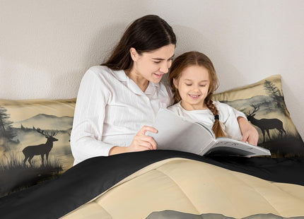 Erosebridal Rustic Deer Comforter Set for Kids Teens Adults, Woodland Animal Hunting Themed Twin Size Bedding Set, Nature Lake Scenery Duvet Insert Country Cabin Lodge Quilt, Black Reversible