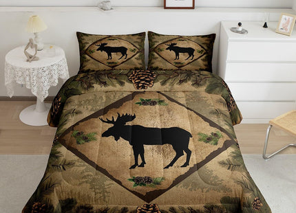 Farmhouse Moose Comforter Set Wild Animal Silhouette Rustic Style Bedding Comforter for Kids Teens Adults Jungle Cartoon Pine Cones Green Leaves Quilt Duvet Set with 2 Pillowcases Queen Size 3 Pcs