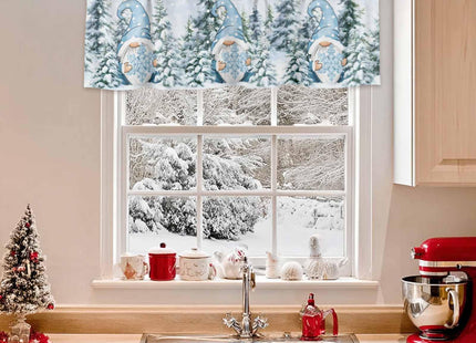 Winter Gnome Valances Curtain for Kitchen Cafe,Christmas Snowy Pine Tree Window Valance Blue Snowflake Short Curtains 42"x 18" Rod Pocket Windows Treatment Drape for Bathroom Living Room Bedroom
