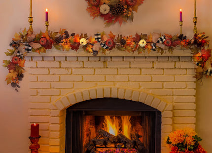 Adeeing 6 Ft Thanksgiving Fall Garland Decor, Artificial Autumn Garlands with Pumpkins, Maple Leaves, Ribbon and Pine Cone for Indoor Outdoor Fireplace Window Home Decoration