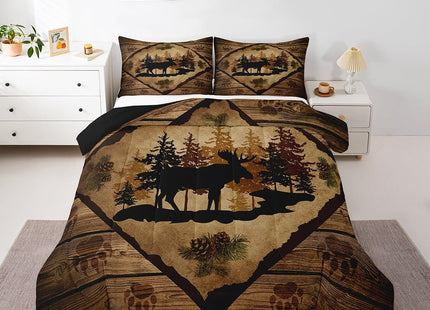 Homewish Moose Cabin Bedding Set,Retro Brown Wooden Stripes Farmhouse Comforter Set for Kids Teens Adults,Pine Cones Trees Wild Animal Paw Print Quilted Comforter with 2 Pillowcases Queen Size 3 Pcs