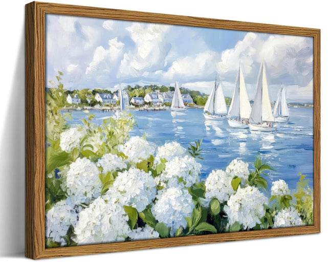 Framed Vintage Coastal Sailboat Wall Art, White Hydrangea Seascape Pictures Wall Decor Painting, Seaside Summer Nautical Canvas Prints for Living room Bedroom Home Decoration-12×16inch