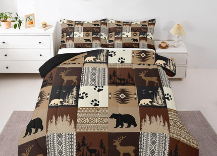 Feelyou Bear Comforter Set for Boys Deer Comforter Rustic Bear Bedding Set Toddler Size Deer Hunting Southwestern Plaid Grid Brown Duvet Set 2Pcs