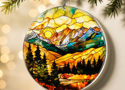 Mountain Landscape Christmas Ornament, Rustic Cabin Decor with Forest Pine Trees Lake Scenery, Tiffany Stained Glass Inspired Outdoor Adventure Hanging Decoration, Nature Lover Gift for Christmas Tree