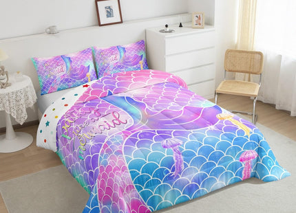 Girls Mermaid Comforter Set, Fish Scales Duvet Sets Twin Size, Glitter Rainbow Bedding Set for Kids Teens Women Bedroom Decor, Ocean Life Coastal Creature Bedding Comforters with 1 Pillow Case