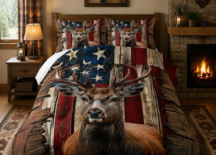 Nttopship Deer Hunting Comforter Sets Twin Size,American Flag Bedding Set 3 Piece for Girls Women Teens Adult Kids Boys,Woodland Moose Wildlife Room Decor Comforter Set with 2 Pillowcases